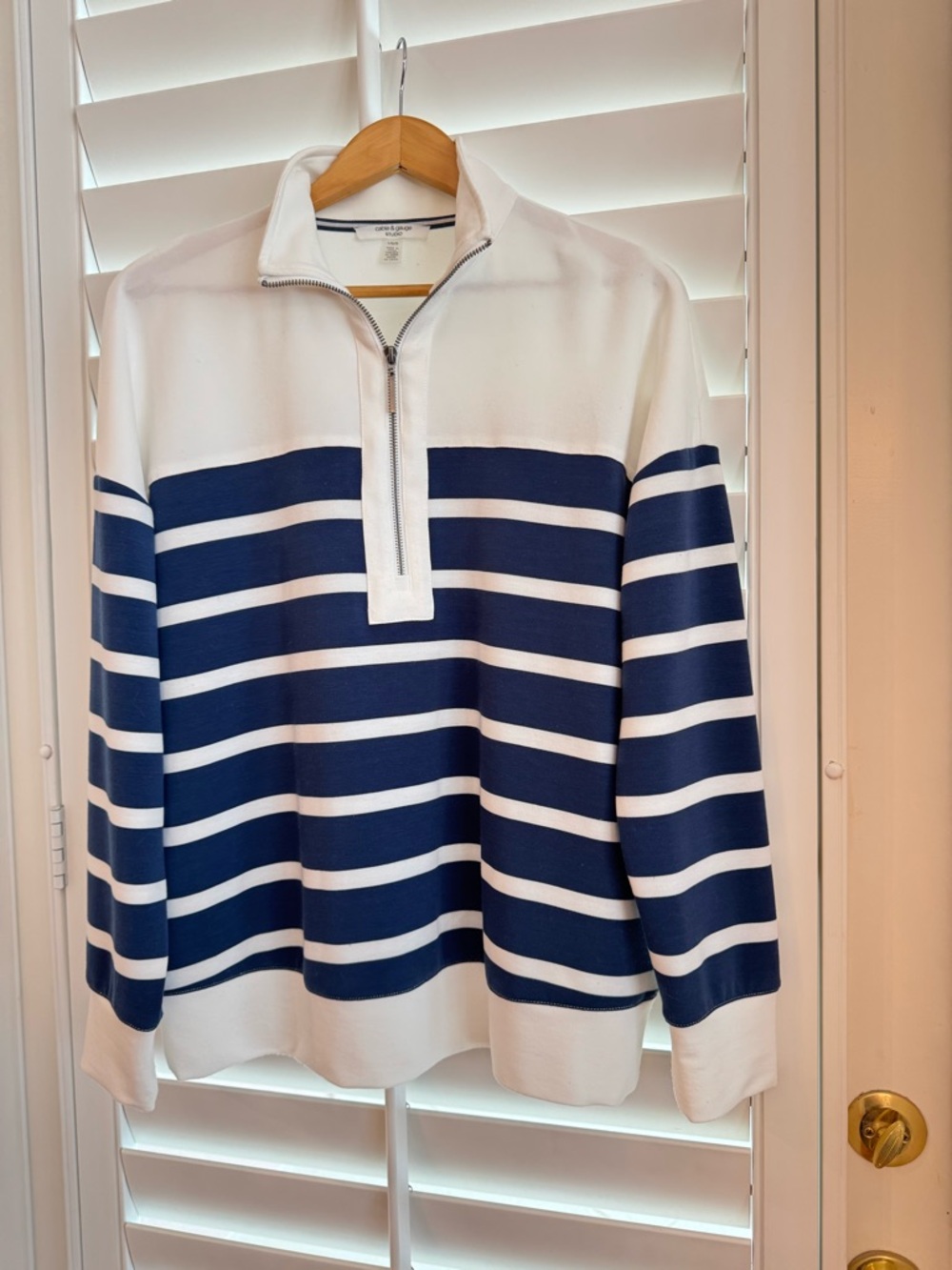Nautical Quarter Zip Navy & White Striped Summer Sweatshirt Mock Neck Large